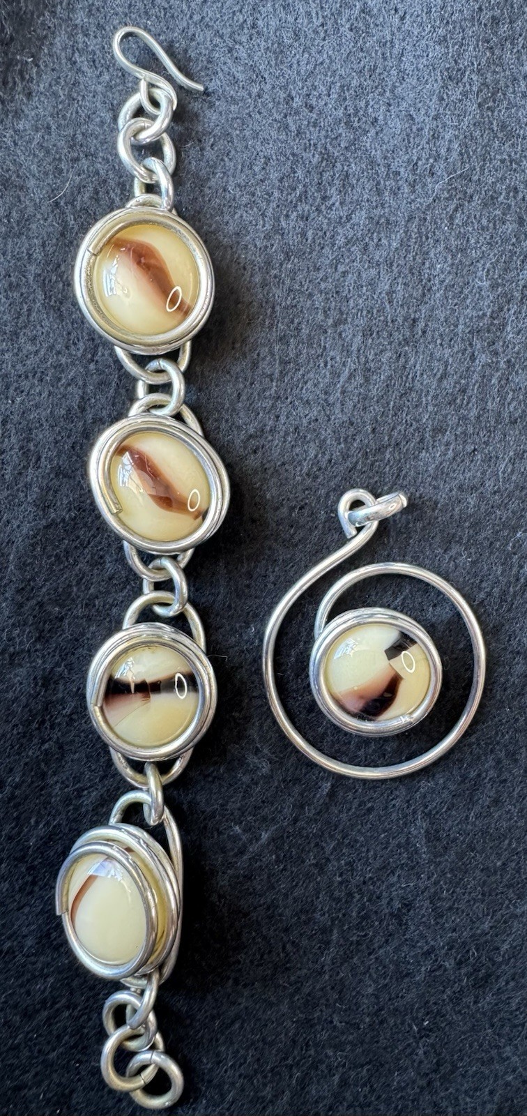 Unique OOAK Bracelet & Pendant Set Silver Metal Polished Cream Agate Stone.