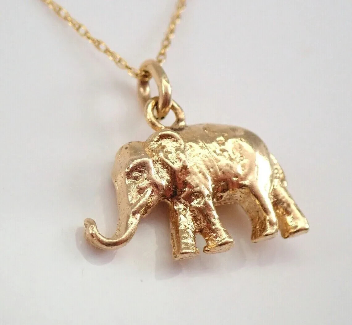 Vintage ELEPHANT Charm Pendant 14K Yellow Gold Plated Silver Free Chain