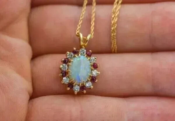 2.00Ct Opal Ruby Diamond Pendant With Chain Necklace 14K Yellow Gold Finish