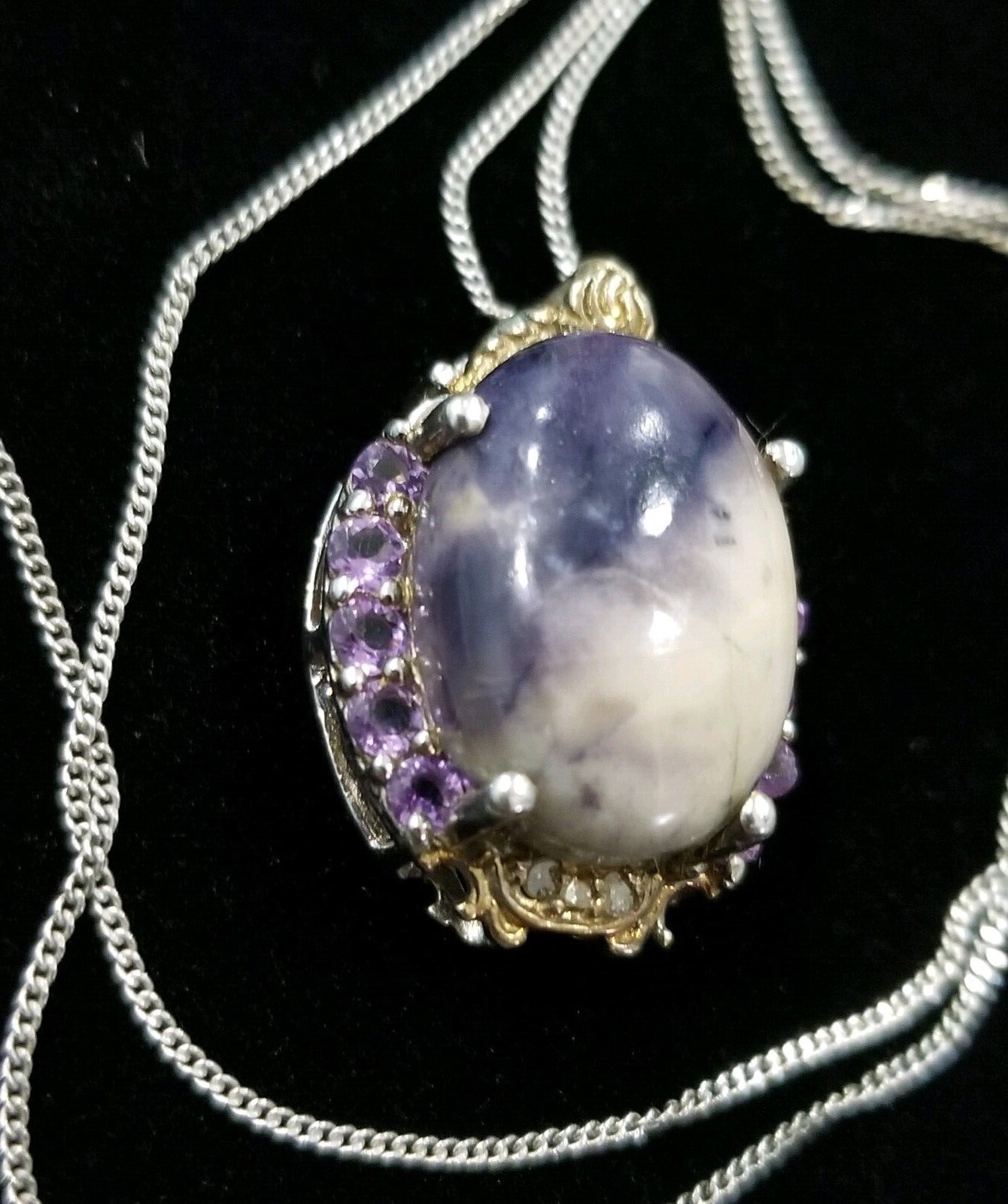 STS Sterling Silver Multiple Amethyst & Gemstone Pendant Necklace 925 10 Inches