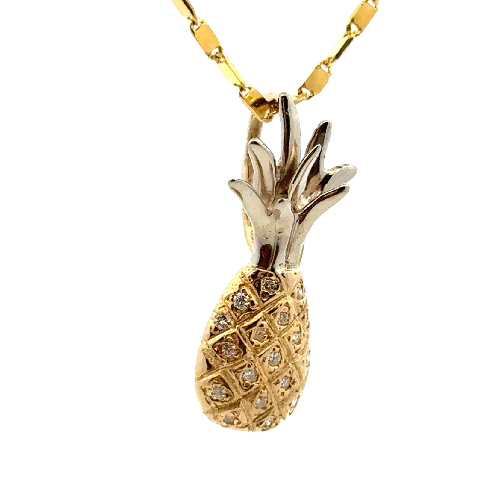 14KT TWO-TONE GOLD .19CT DIAMOND PINEAPPLE PENDANT 3.4 GRAMS