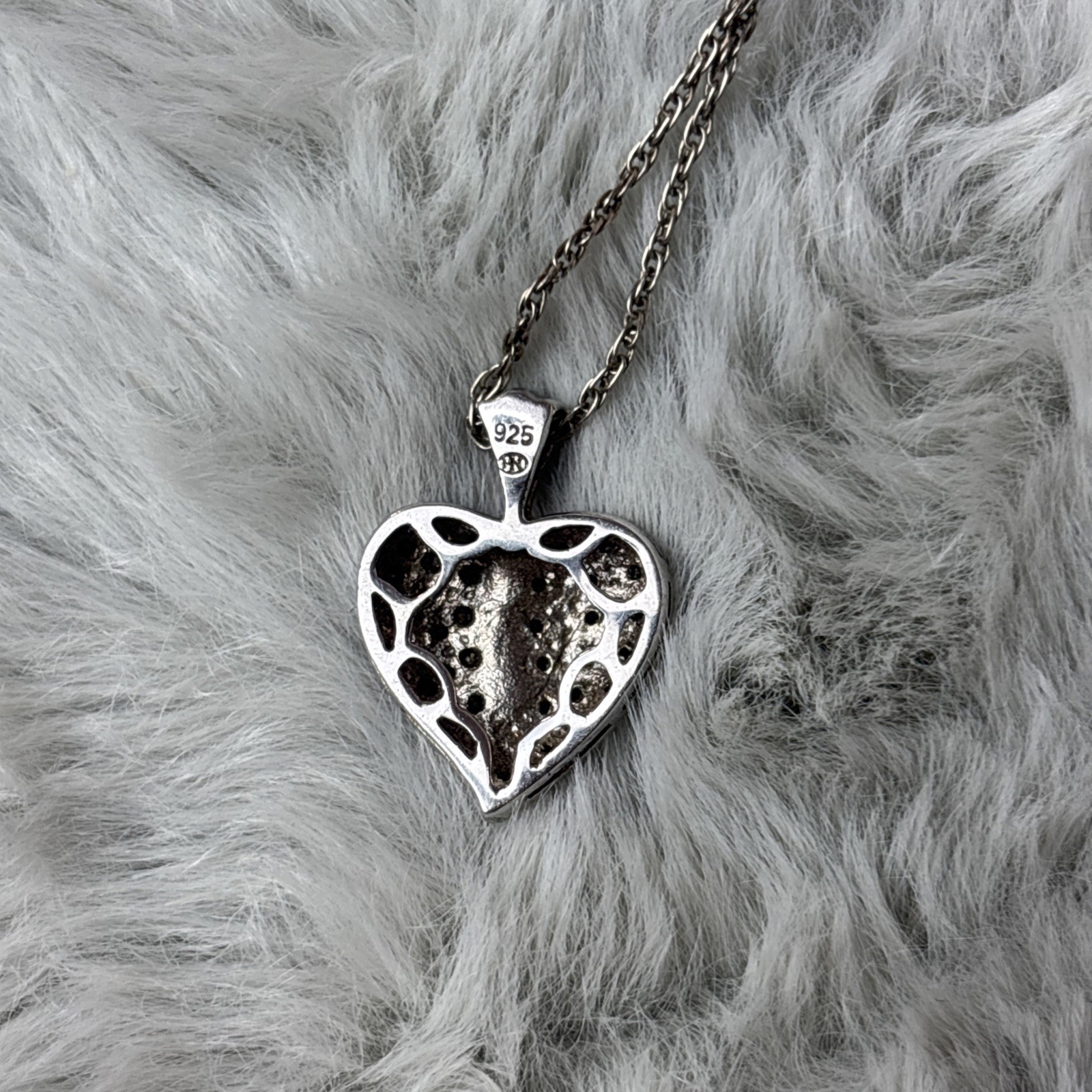 925 Sterling Silver Lab Created White Black Diamond Heart Pendant Necklace