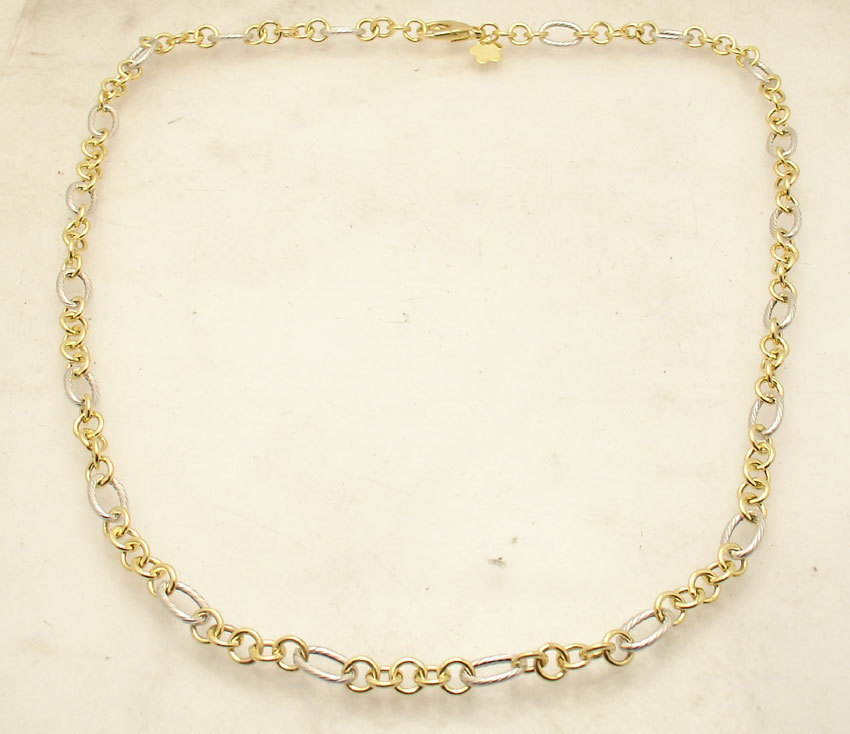 Textured Oval & Circle Rolo Chain Necklace Real 14K Yellow White TwoTone Gold