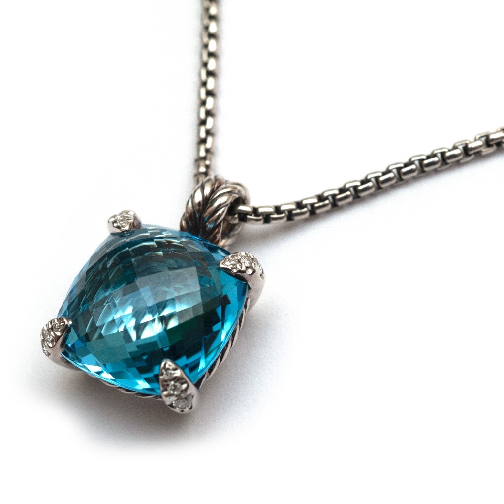 DAVID YURMAN Blue Topaz Silver Diamond 14mm Chatelaine Pendant 18″ Necklace New