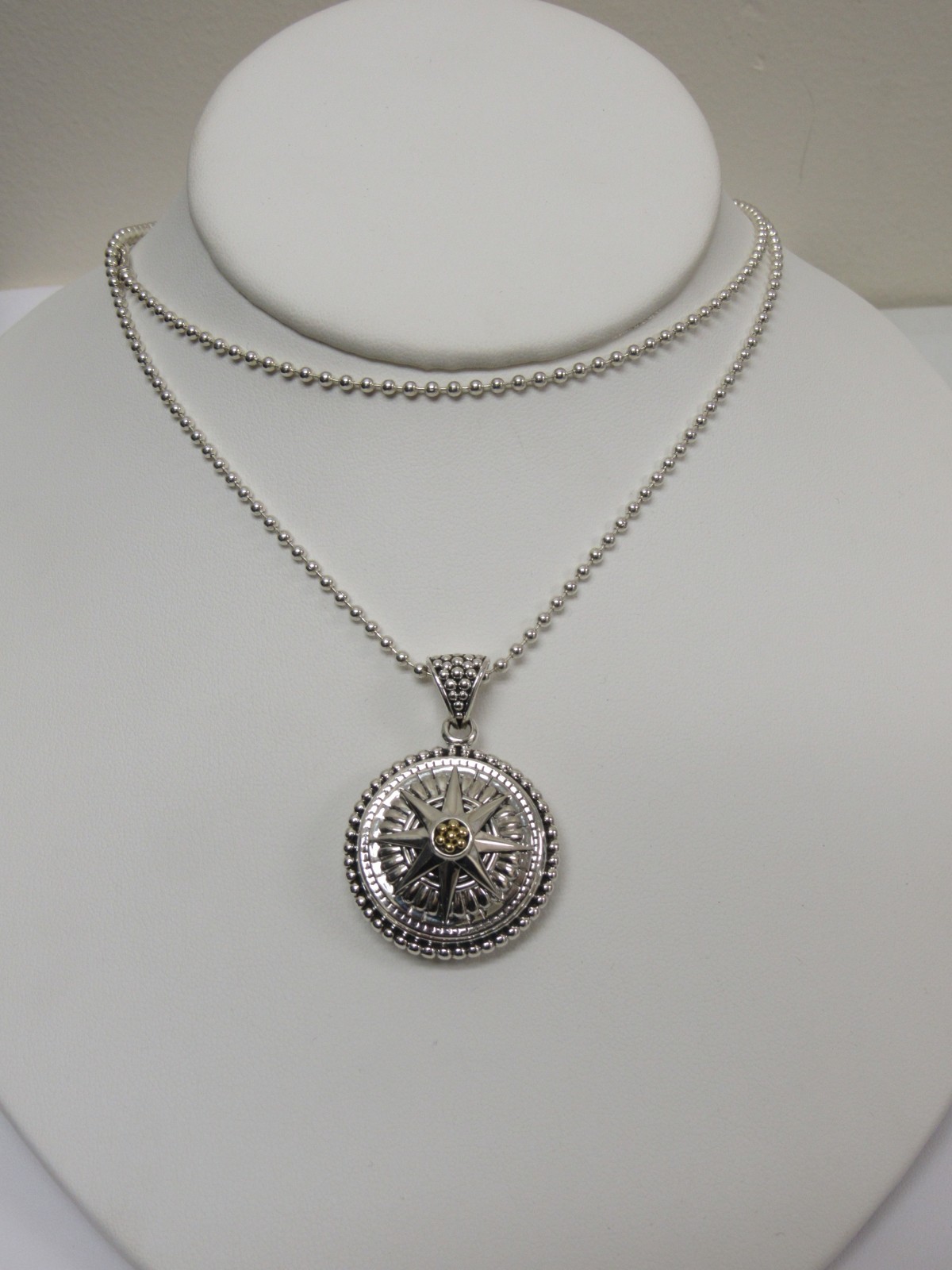 Designer LAGOS Sterling Silver 18K Signature Caviar Compass Necklace