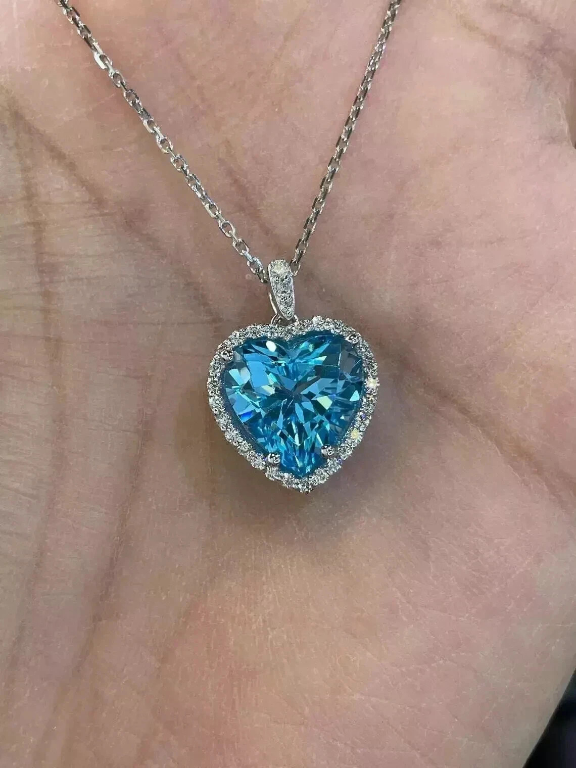 3Ct Heart Cut Lab Created Blue Topaz Diamond Halo Pendant 14k White Gold Plated