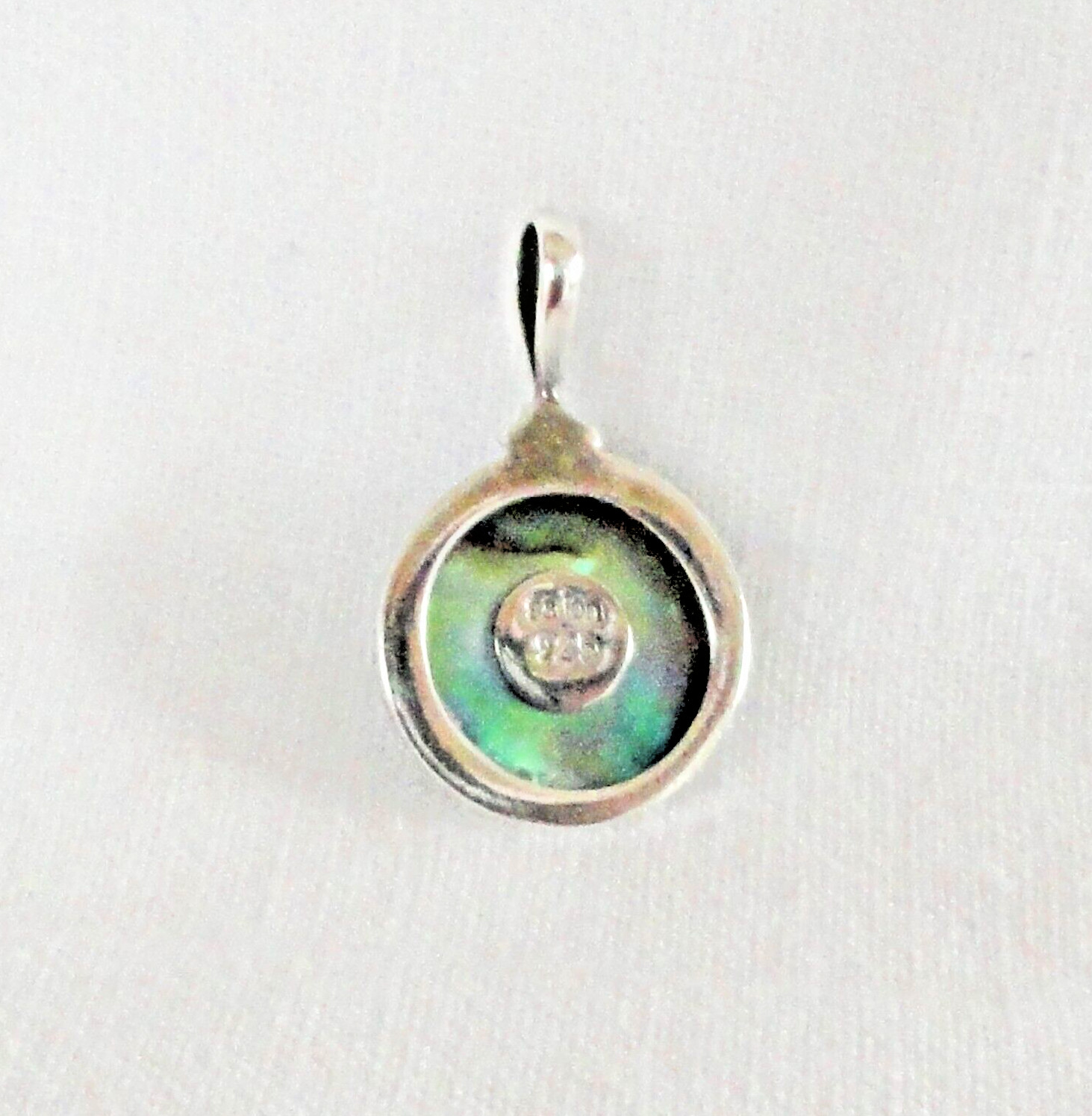 VTG Sajen Abalone Sterling Silver Round Pendant Swirl Green Blue 1-1/16″ Long