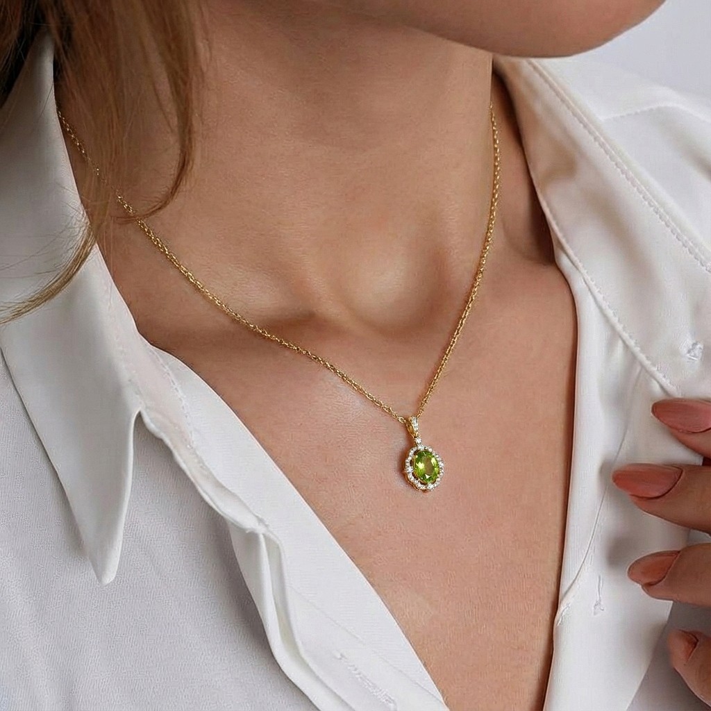 Peridot Necklace Gold Pendant, Green Peridot Halo Necklace, August Birthstone