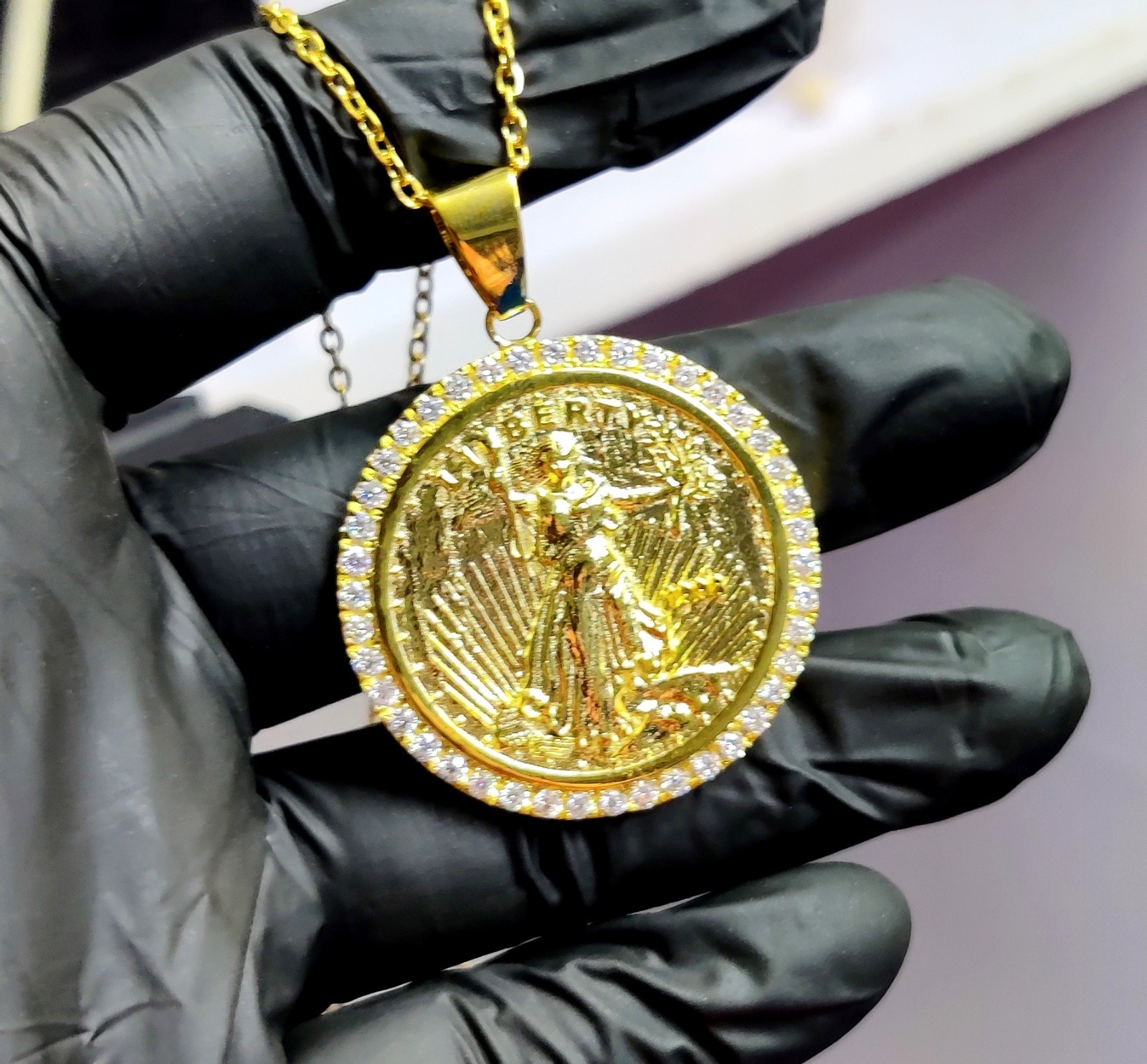 1.20Ct Round Cut Lab Created Diamond Liberty Coin Pendant 14K Yellow Gold Plated