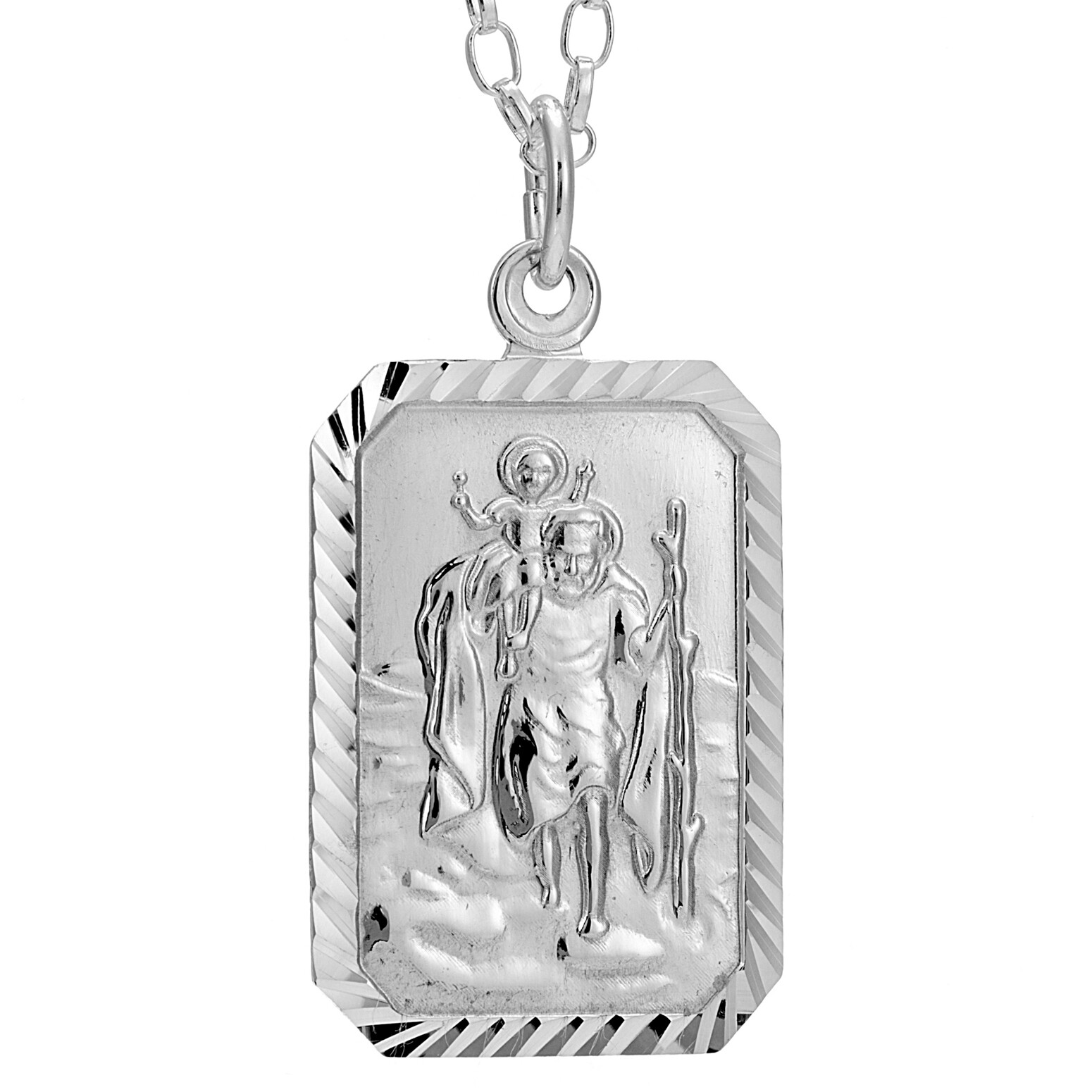 Rectangular Silver St Christopher pendant necklace with 18″ Chain and Gift Box