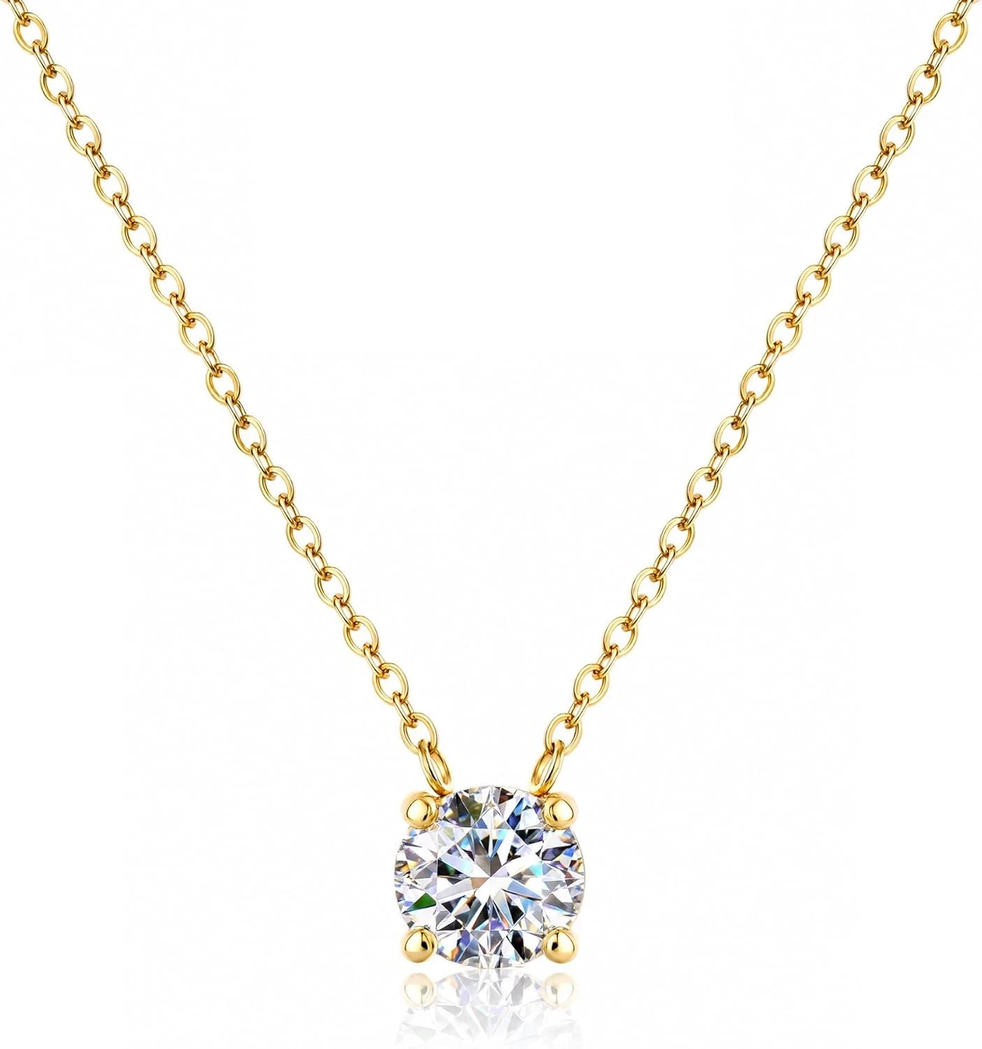 18K Gold Plated Solitaire Pendant Necklace for Women, 2Ct 7Mm White Diamond