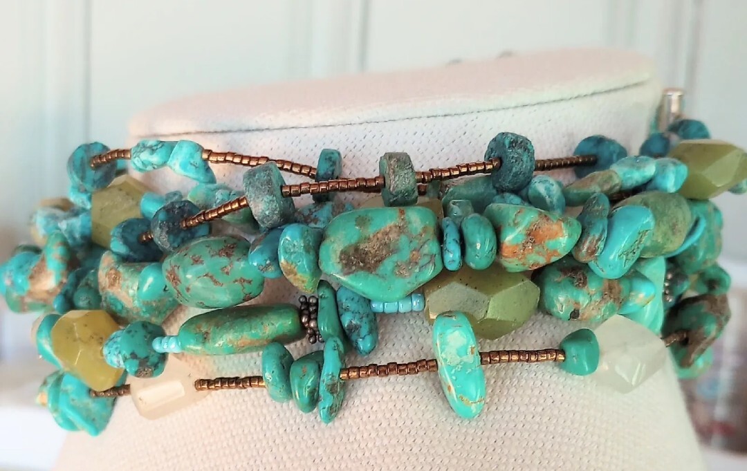 Vintage ? Native American ?Stone Bead Choker 6Row Necklace Turquoise Nuggets 925