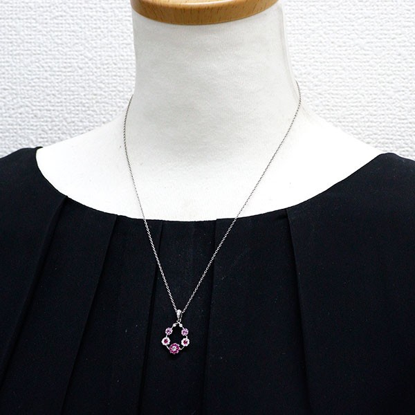 K18WG ruby pink sapphire diamond pendant necklace D0.35 R0.20ct PS0.20ct flower