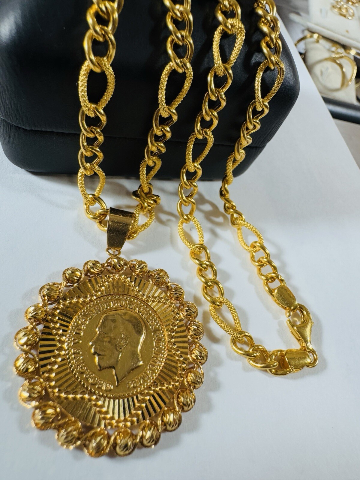 Solid 22K 916 Fine Yellow Dubai Real Gold 18” Long Coin Set Necklace 5.5mm 18.3g