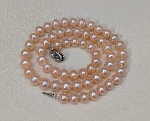 18″ AAA+ 9-10mm real Natural South Sea Pink Round Pearl necklace S925 clasp