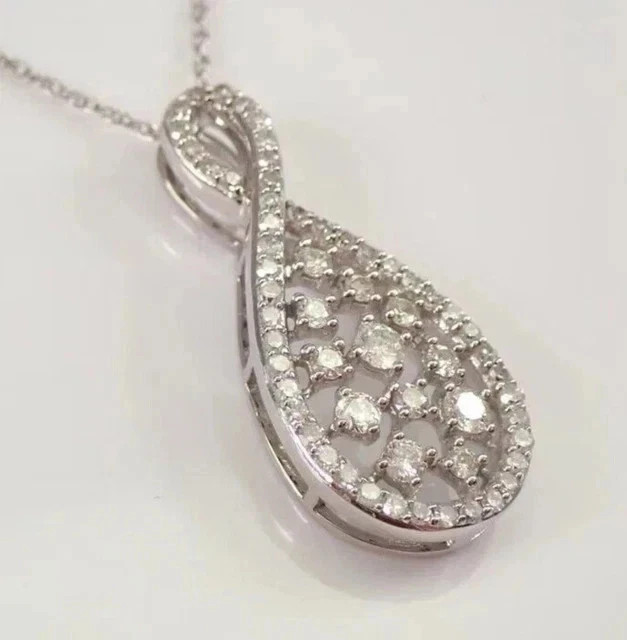 1.50 CTW Round Cut Moissanite Tear Drop Pendant 18″ Chain 14K White Gold Plated