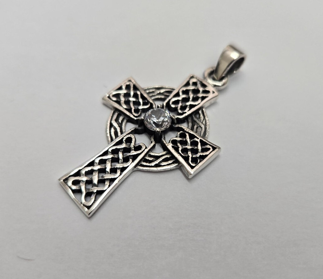 925 Sterling Silver Large Celtic Cross with CZ Pendant 1 1/2 (38mm) Inch Tall