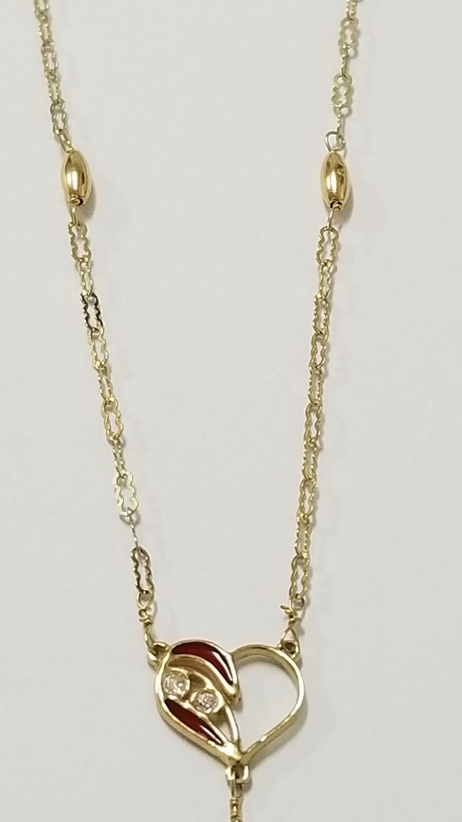 Heart Lariat Necklace With Pearls, 14k Yellow Gold Red Enamel, CZ’S, 16″ Long