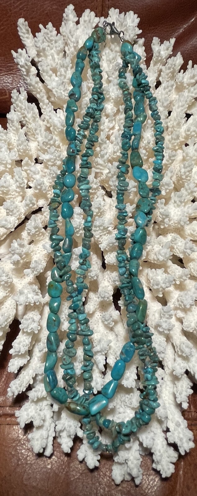 DK NATURAL TURQUOISE NUGGETS THREE STRAND & STERLING 925 ARTISAN NECKLACE