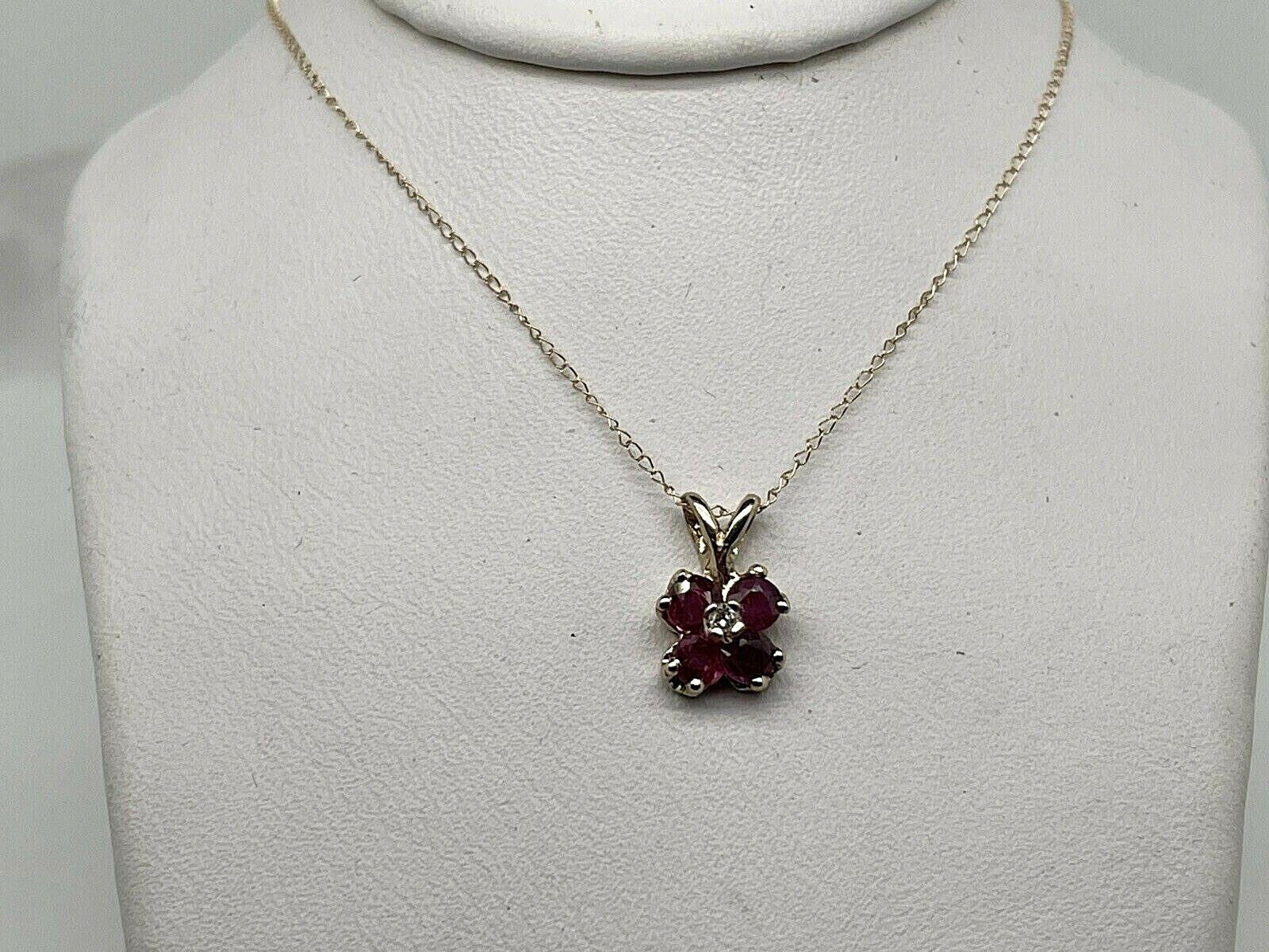 14k Yellow Gold .40 Ct Ruby & Diamond Acc Pendant Necklace 16” cable chain, 1 Gr