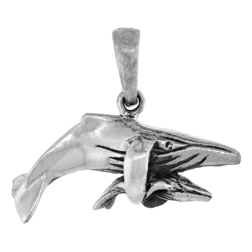 925 Sterling Silver Adult and Calf Humpback Whales Pendant 3/4 Inch (19mm) Tall