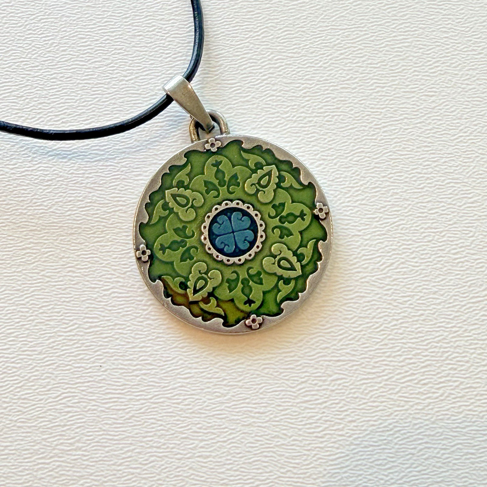 Danforth Pewter Handcrafted Medallion Pendant Green & Blue Mandala 16-17″