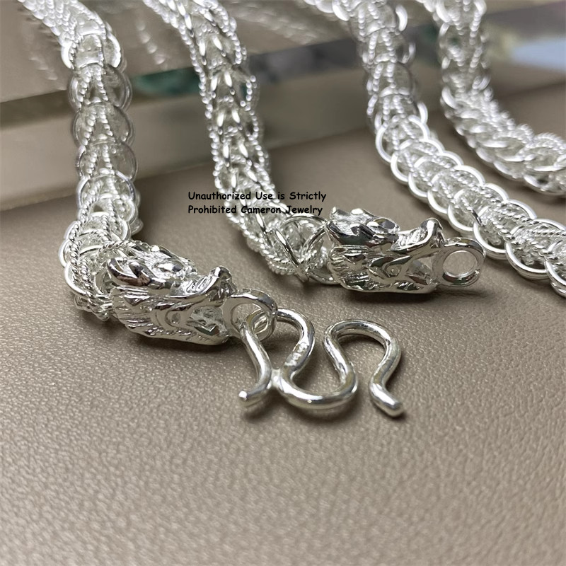 Pure 999 Fine Silver Chain Double Dragon 10mm Wheat Link Necklace 70-71g 23.6in