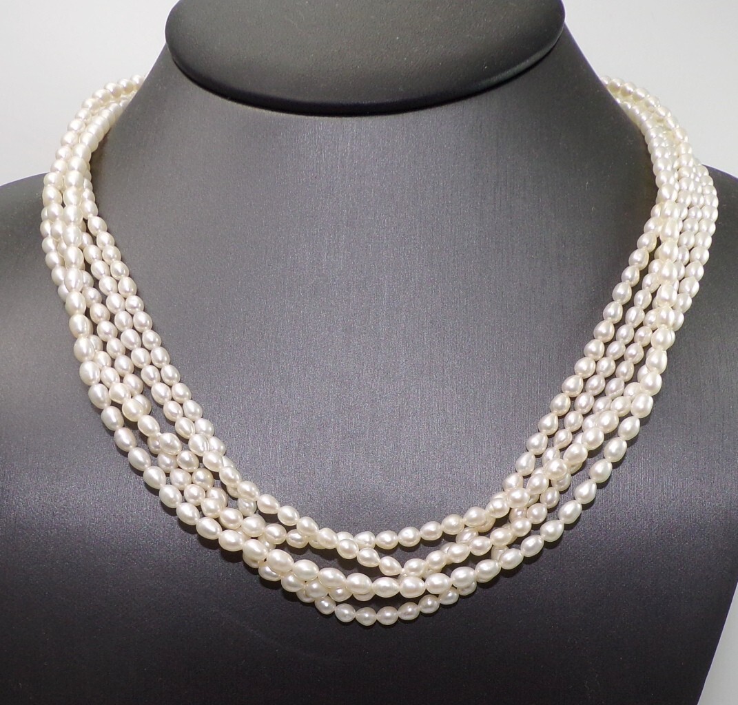 14K Yellow Gold Multi 5 Strand White Pearl String Necklace 17.5″ FZZ