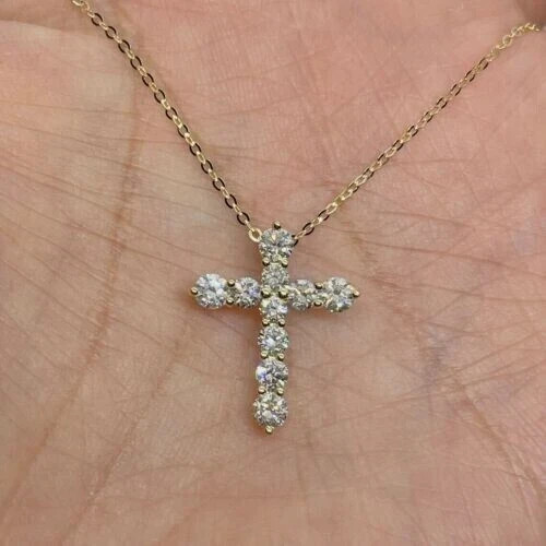 1.00Ct Lab Created Diamond Round Religious Cross Pendant 14K Yellow Gold Plated