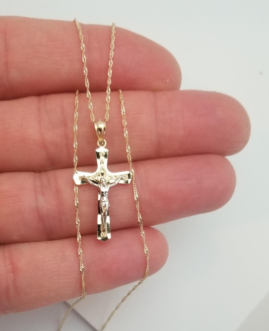 14k Real Solid Two Tone Gold-Yellow and White-Jesus Crucifix Religious Cross Pen