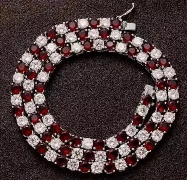 15TCW Round Cut Lab-Created Ruby & Diamond Tennis Necklace 14k White Gold Plated