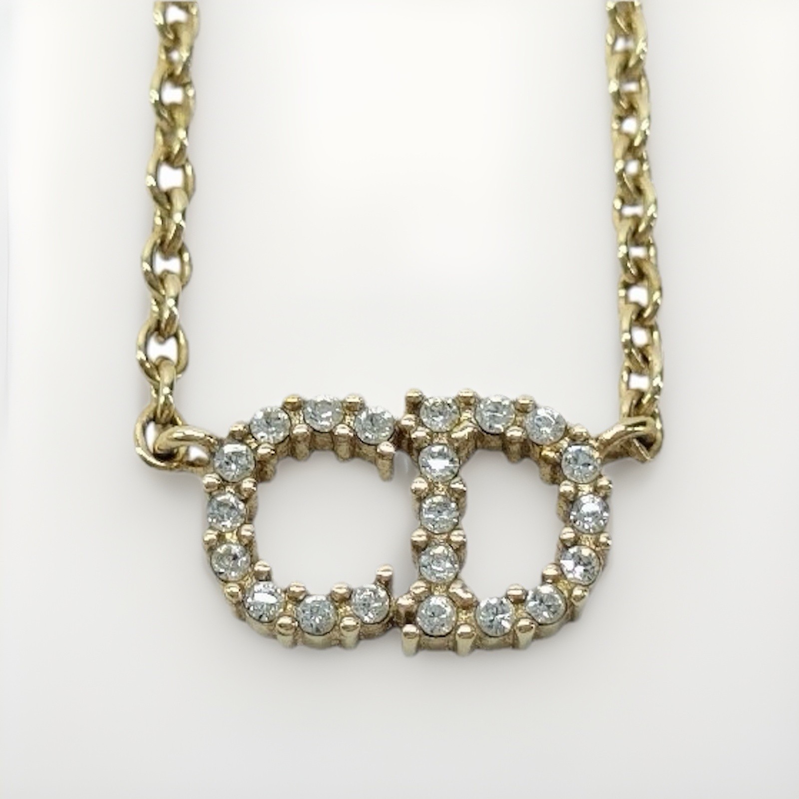 DIOR Necklace CD Logo Clair D Lune Gold Color Crystal Very Good Cond Authentic