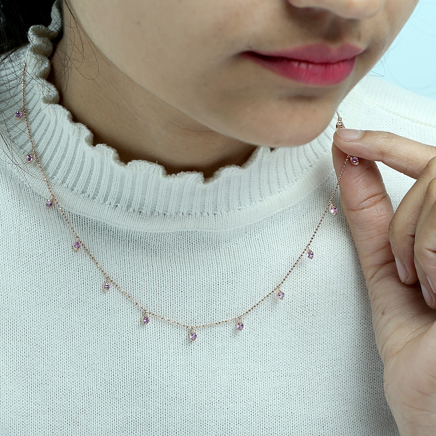 18K Rose Gold Pink Sapphire Station Necklace 18 Inch Delicate Chain Jewelry