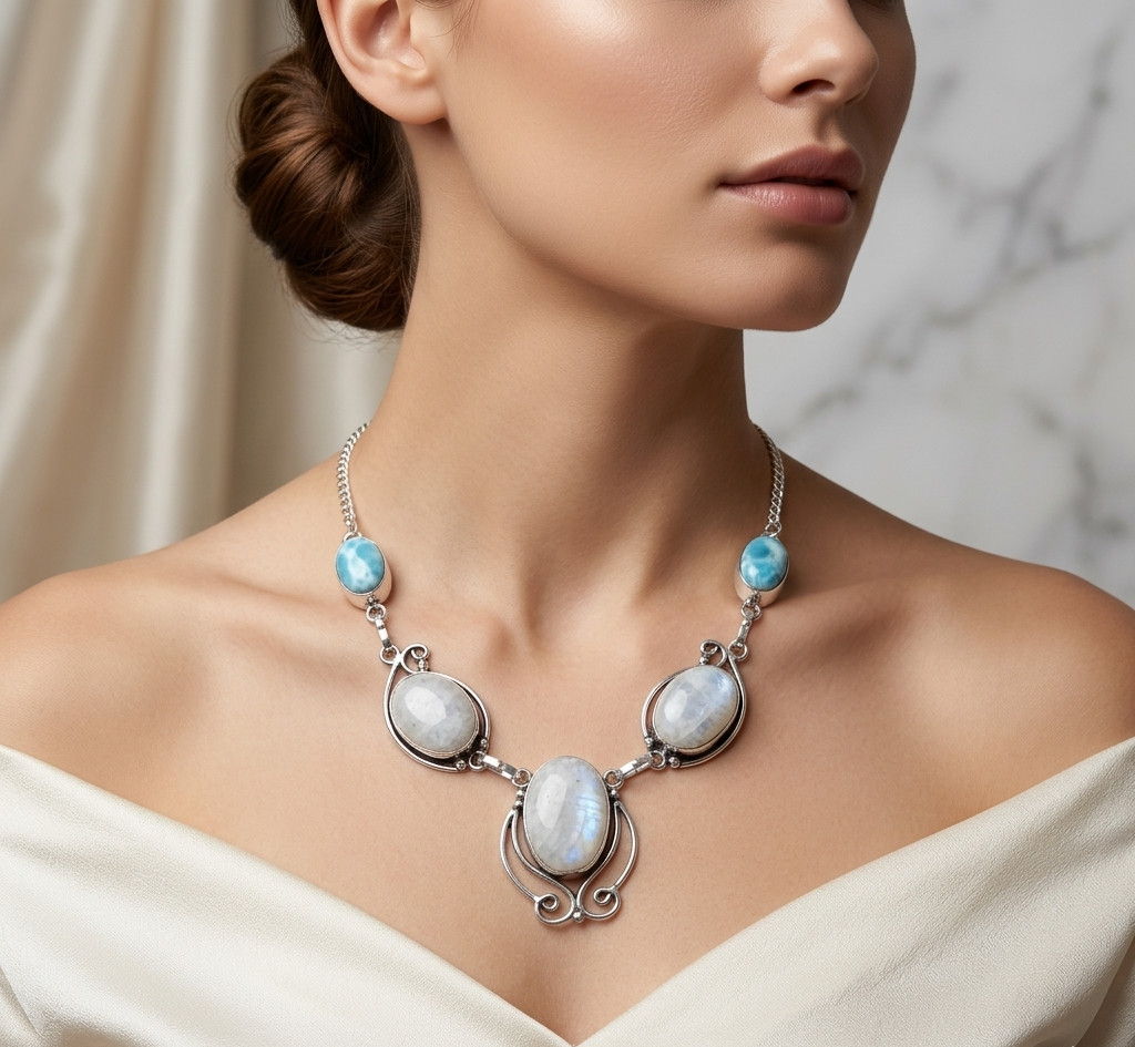 Genuine Moonstone, Larimar Necklace 925 Sterling Silver Women Gift Jewelry S-18