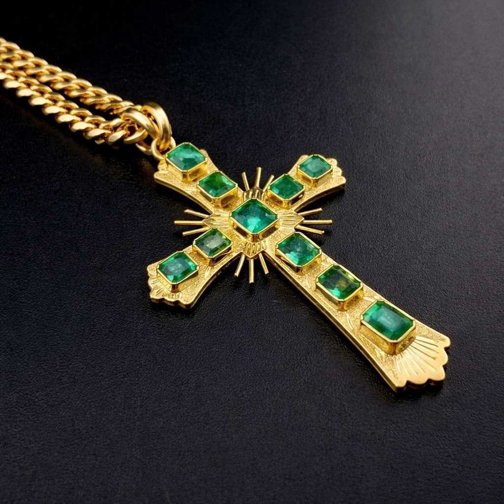 EMERALD CROSS PENDANT – 18K YG – 5 CTW COLUMBIA EMERALD – 21IN CUBAN LINK CHAIN