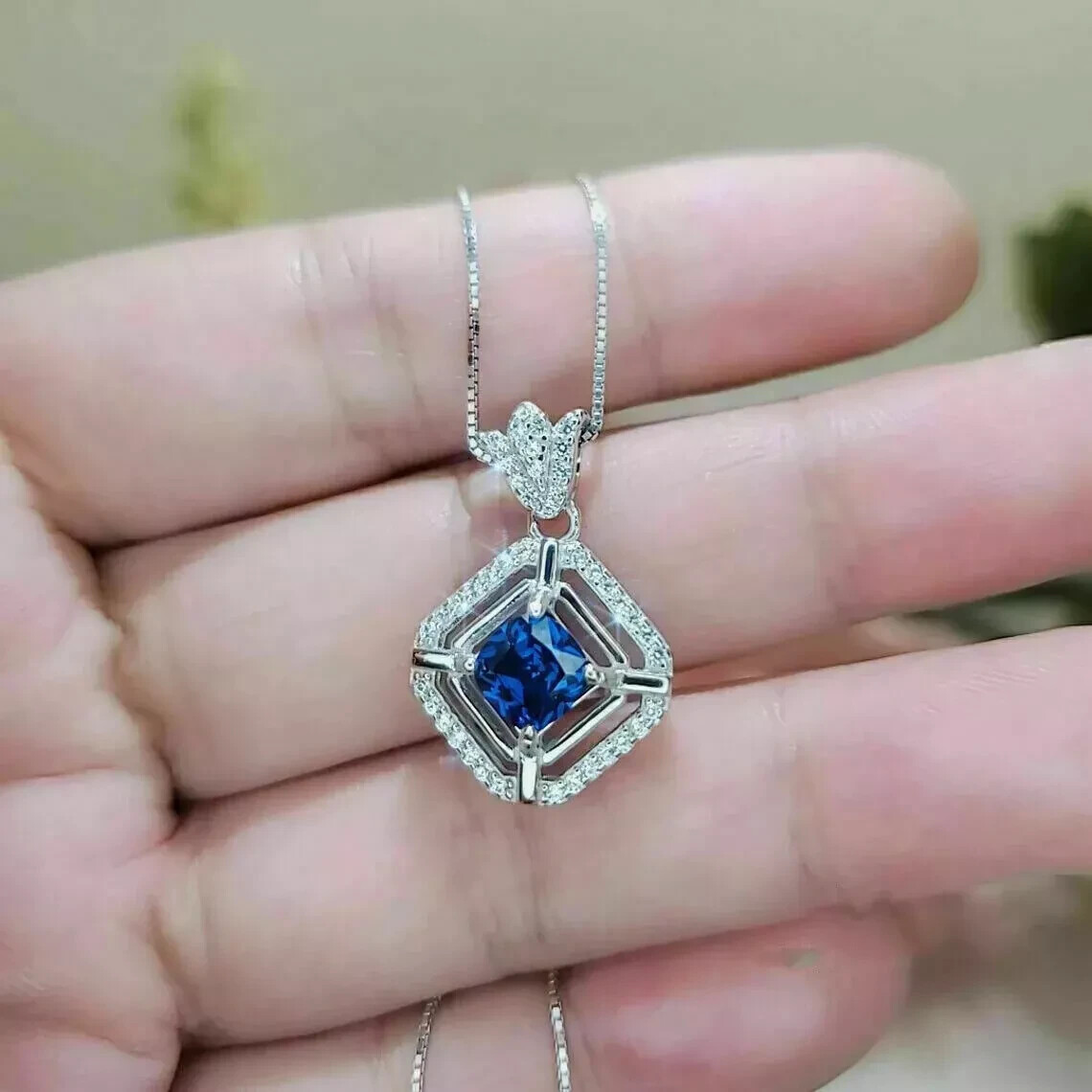 2Ct Princess Cut Blue Sapphire Halo Pendant 18″ Free Chain 14K White Gold Finish