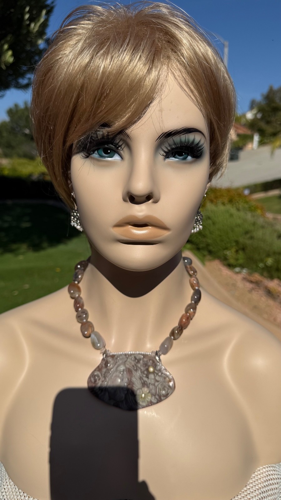 HAND CARVED EARTH MOTHER POLYCHROME JASPER PENDANT NECKLACE AND EARRING SET