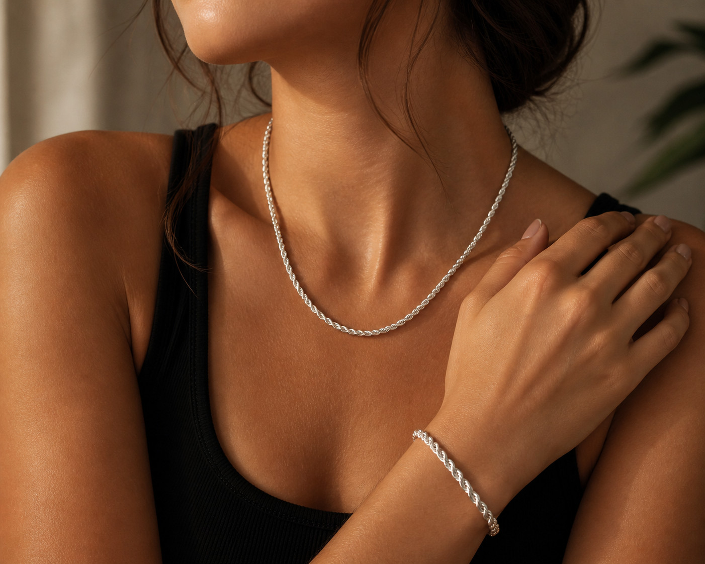 925 Sterling Silver Rope Twist 40cm Necklace & 20cm Bracelet Set Gift Boxed