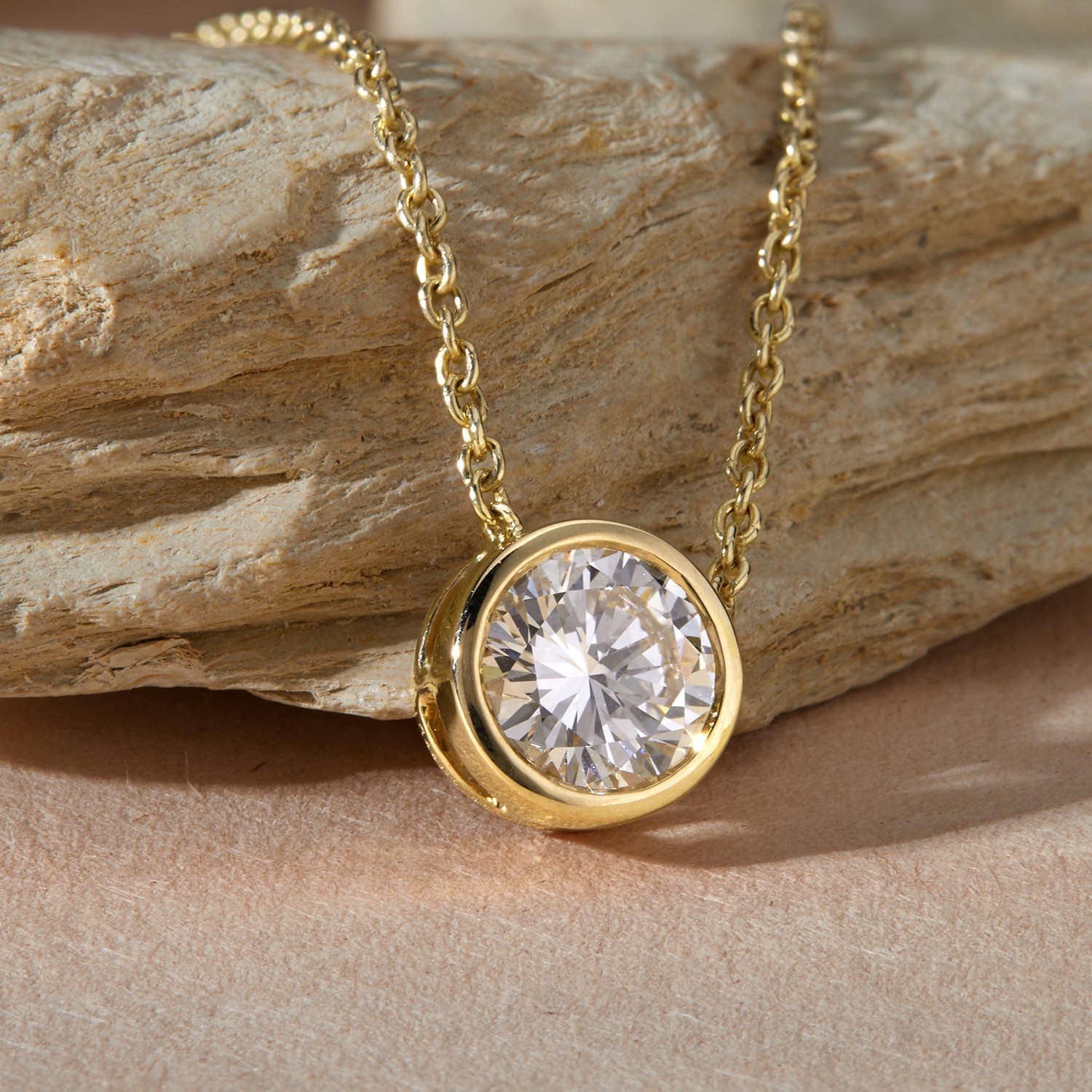 1 Ct Round Cut Lab Grown Diamond Bezel Set Solitaire Pendant 14K Yellow Gold 18″