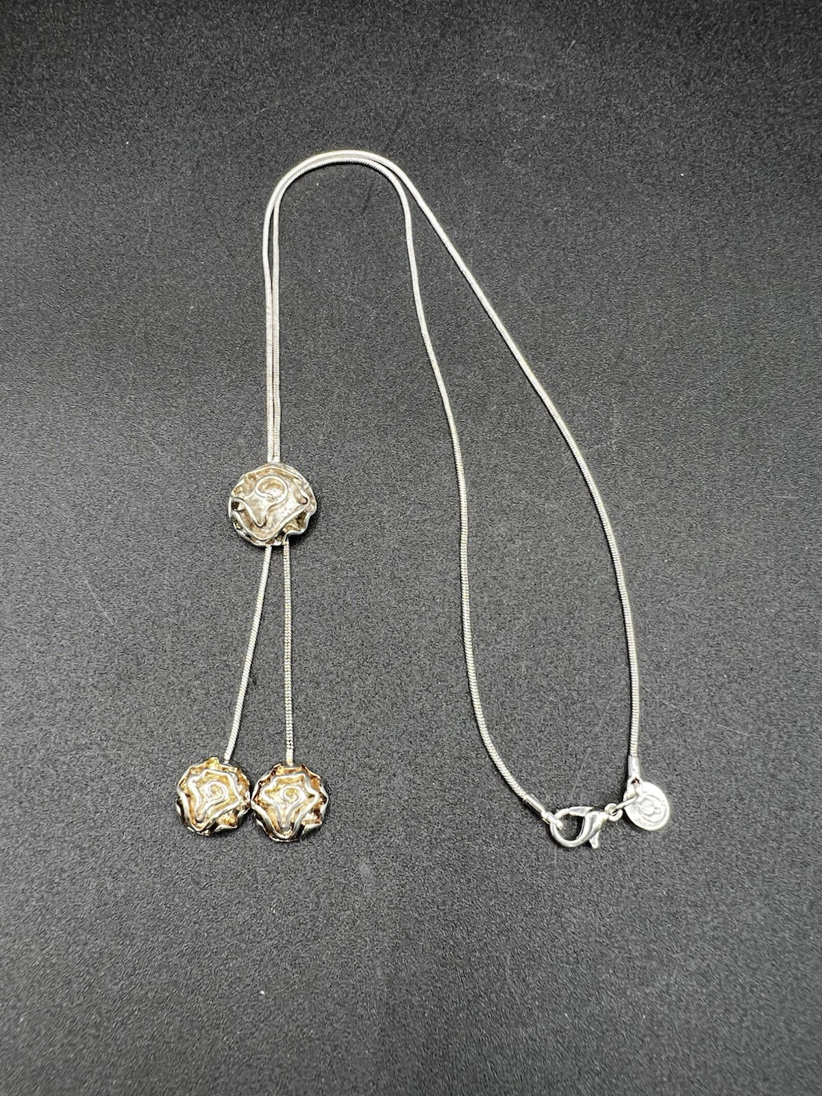 Sterling Silver Lasso Type Necklace, Round Pendant With Dangles, 24”