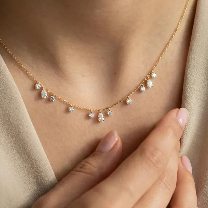 Pear Cut Lab Grown Diamond Drop Necklace 14K Yellow Gold Beautiful Gift For Her
