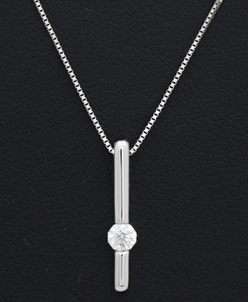 18K White Gold 0.17ct Natural Diamond Bar 0.75″ Pendant w/ 18″ Necklace