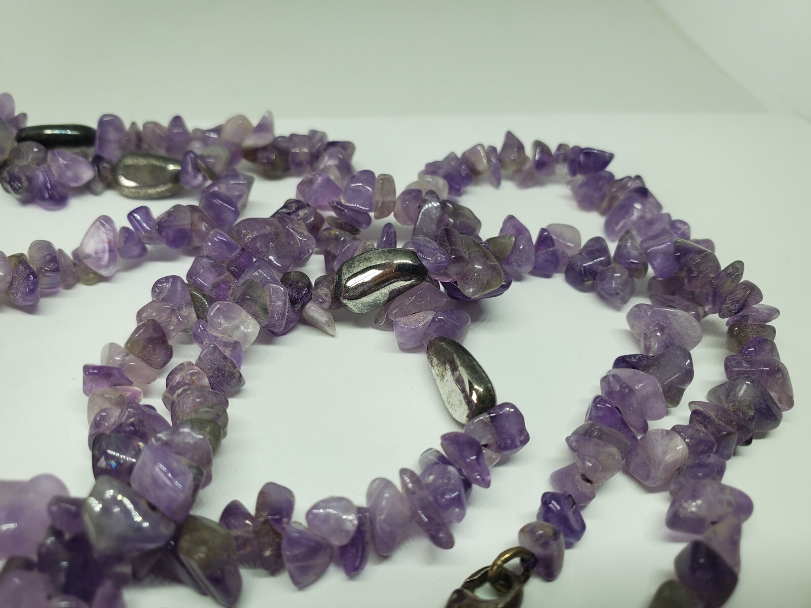 Amethyst Chip Asymmetrical Sterling Silver Long Beaded Necklace 40″