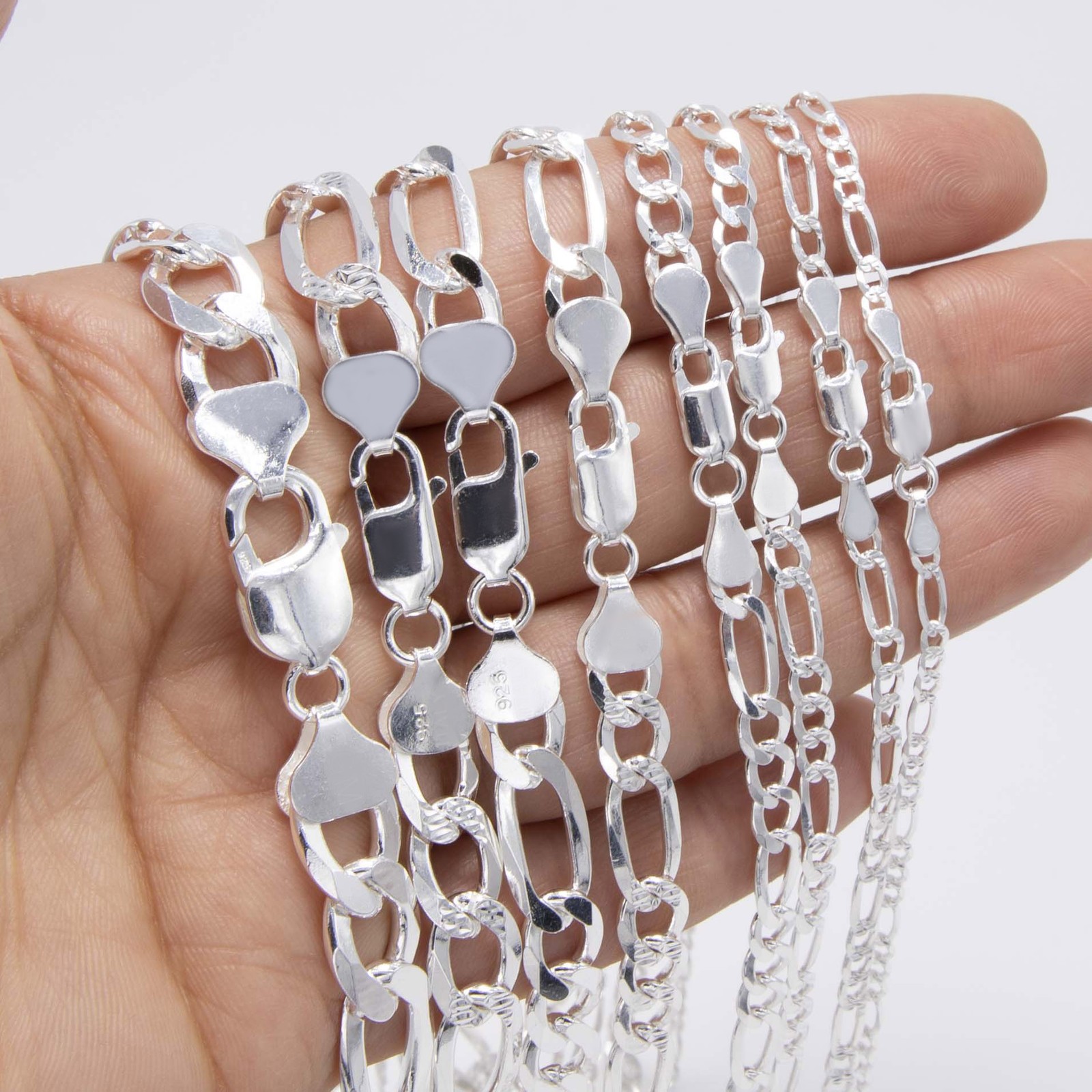 Diamond-Cut Reversible Figaro Chain Solid Sterling Silver 925 Italy All Sizes