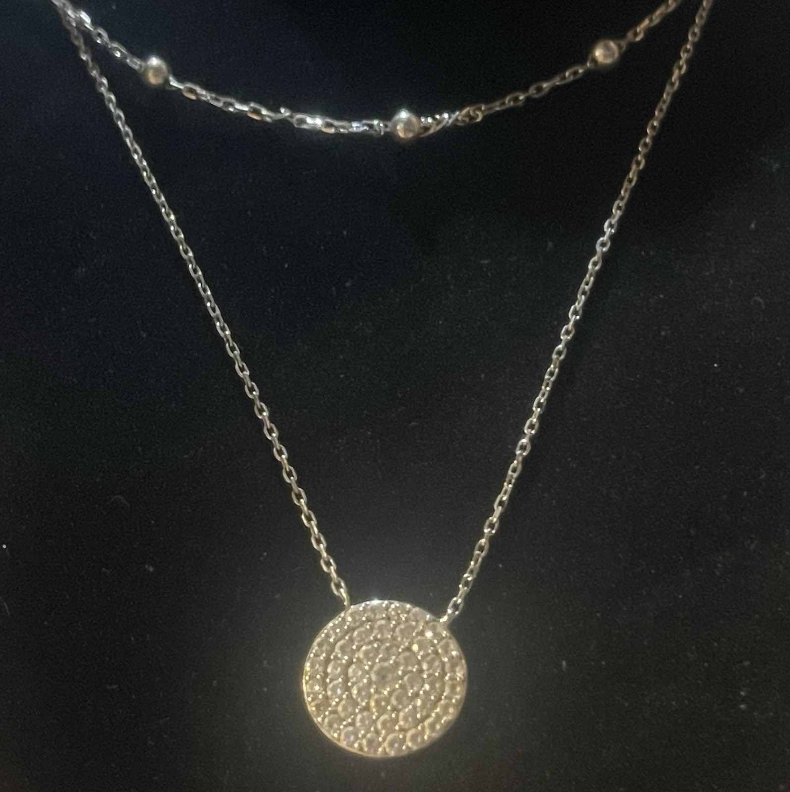 925 Sterling Silver Layered Beaded Clear Stone Pendant Necklace