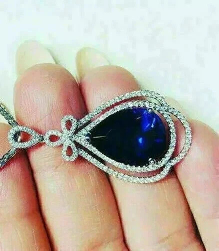6.00Ct Pear Cut Natural Blue Sapphire & Diamond 14K White gold Luxury Pendant