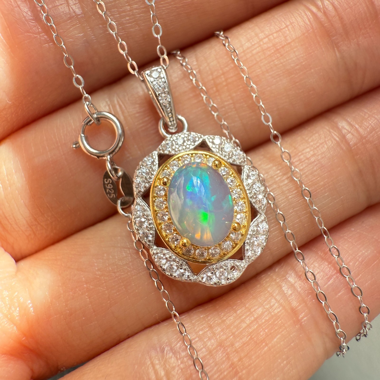 925 Sterling Silver Necklace 8x6mm Natural Opal 14K Gold Plated Flower Chain NEW