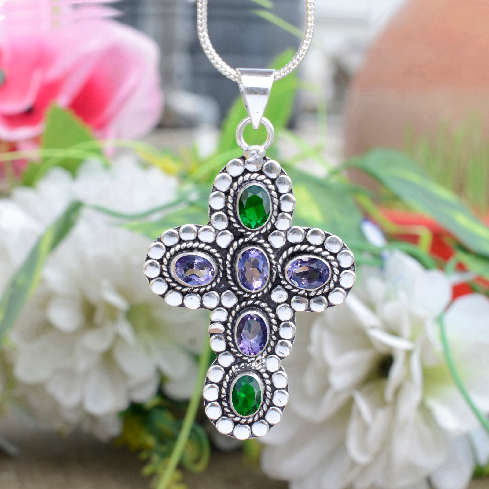 Amethyst Cut & Diopside Gemstone Pendant 925 Sterling Silver Beauty Art Cross