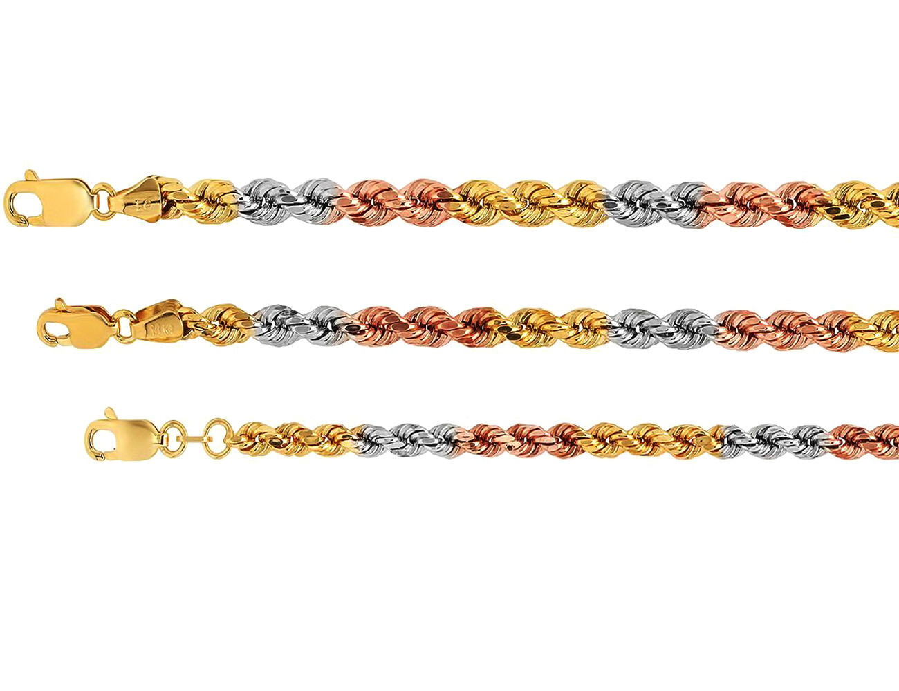 14k Gold Tri-color Solid Rope Chain 3mm-5mm Twist Link Necklace 16″-26″