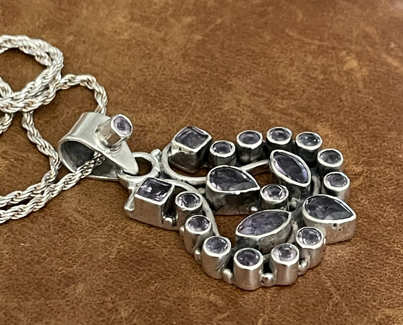 Vintage Amethyst Cluster Pendant Twisted Rope Chain Sterling 925 Necklace 20” in